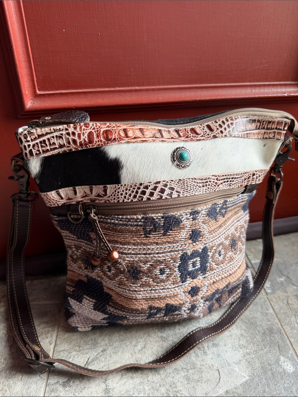 Myra Bag Brown Black Cream Boho Crossbody with Turquoise Concho